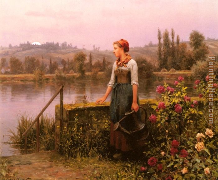 A Woman with a Watering Can by the River painting - Daniel Ridgway Knight A Woman with a Watering Can by the River art painting